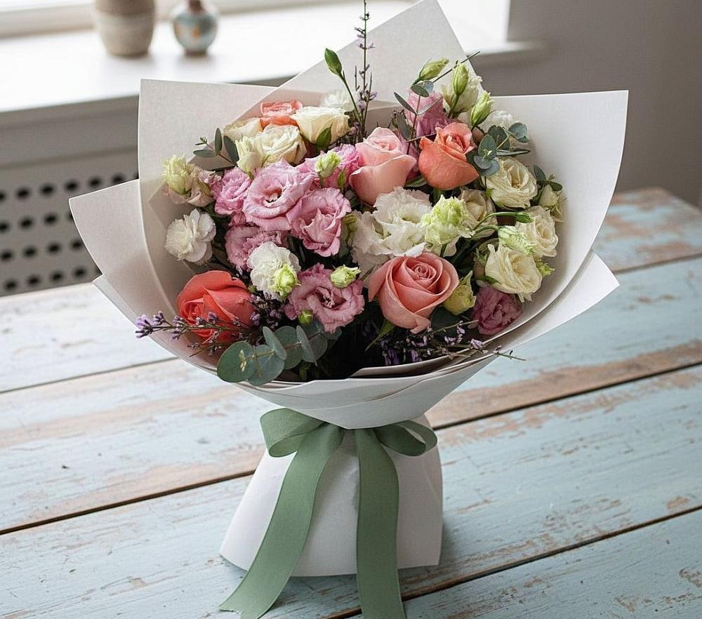 Букет цветов из: Розы, Лизиантусы и Гвоздики в Свободе