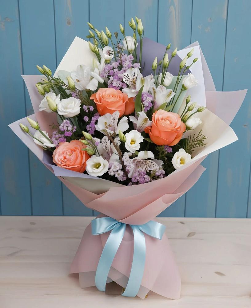 Букет цветов из: Лизиантусы, Розы, Альстромерии и Гипсофила в Свободе
