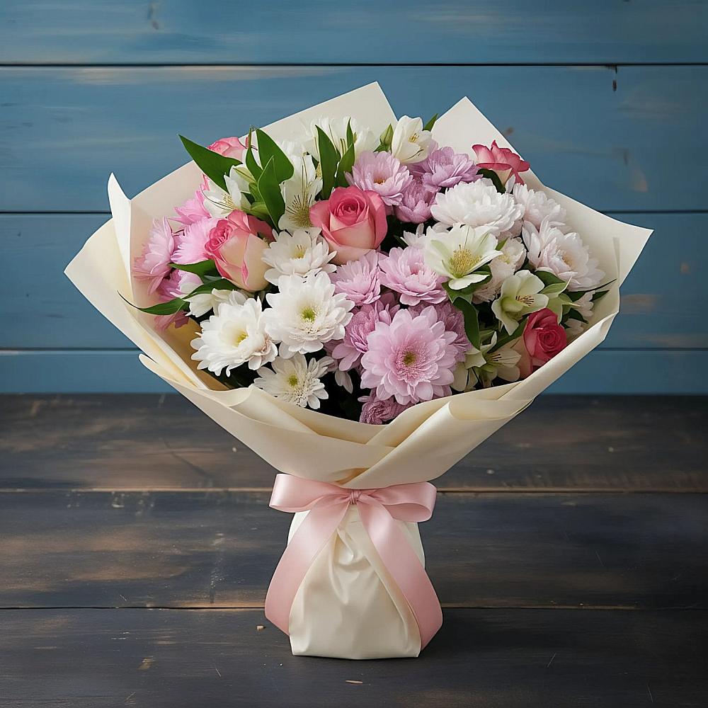 Букет цветов из: Хризантемы, Альстромерии и Розы в Свободе